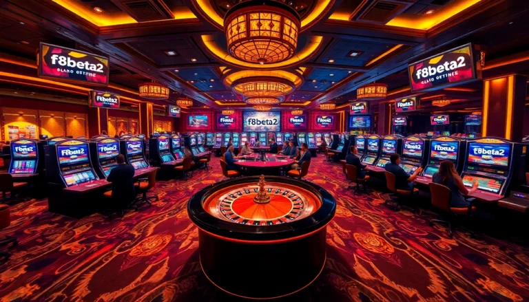 Experience f8beta2 with excited gamblers at a vibrant casino, surrounded by roulette and slot machines.