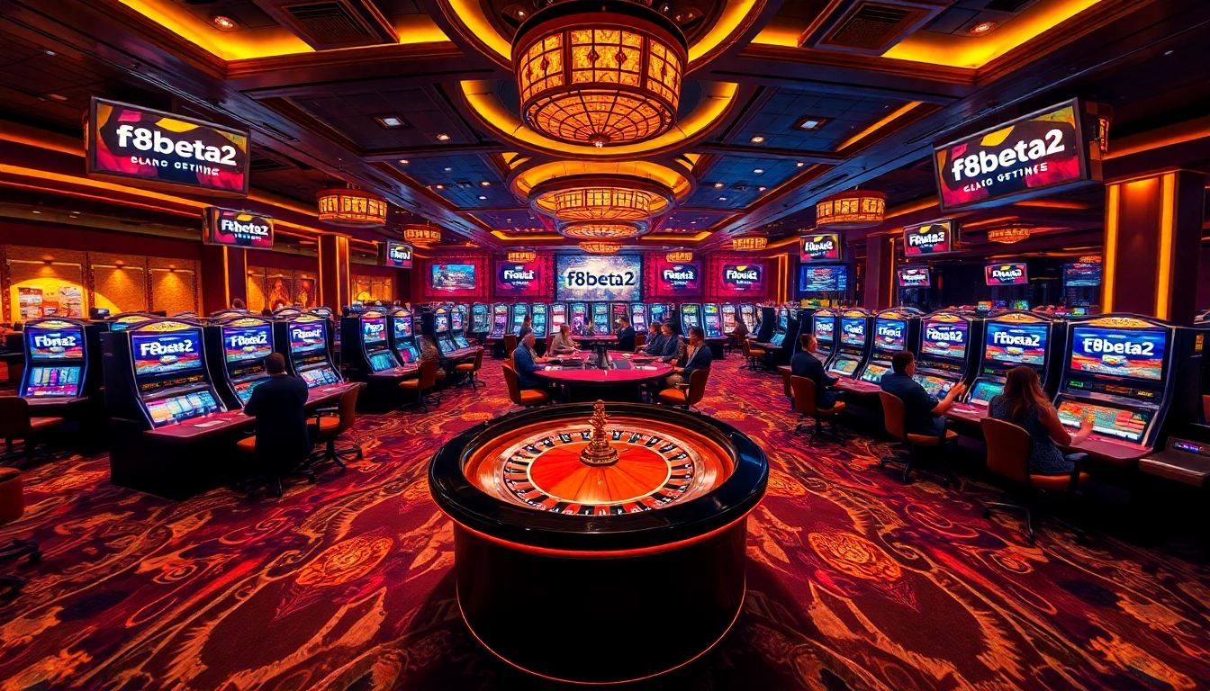 Experience f8beta2 with excited gamblers at a vibrant casino, surrounded by roulette and slot machines.