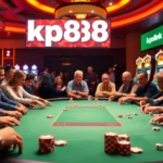 Players engaged in poker at a vibrant casino table showcasing kp88 link gaming options.