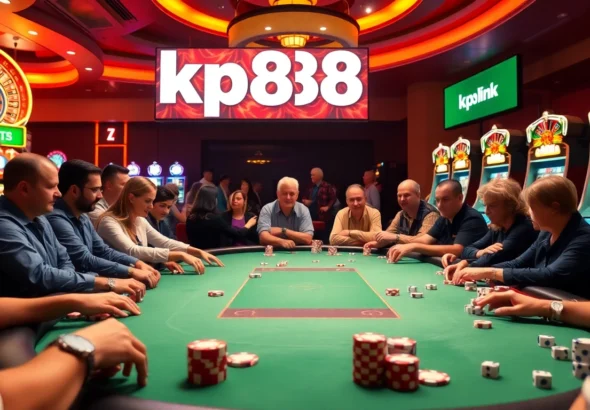 Players engaged in poker at a vibrant casino table showcasing kp88 link gaming options.