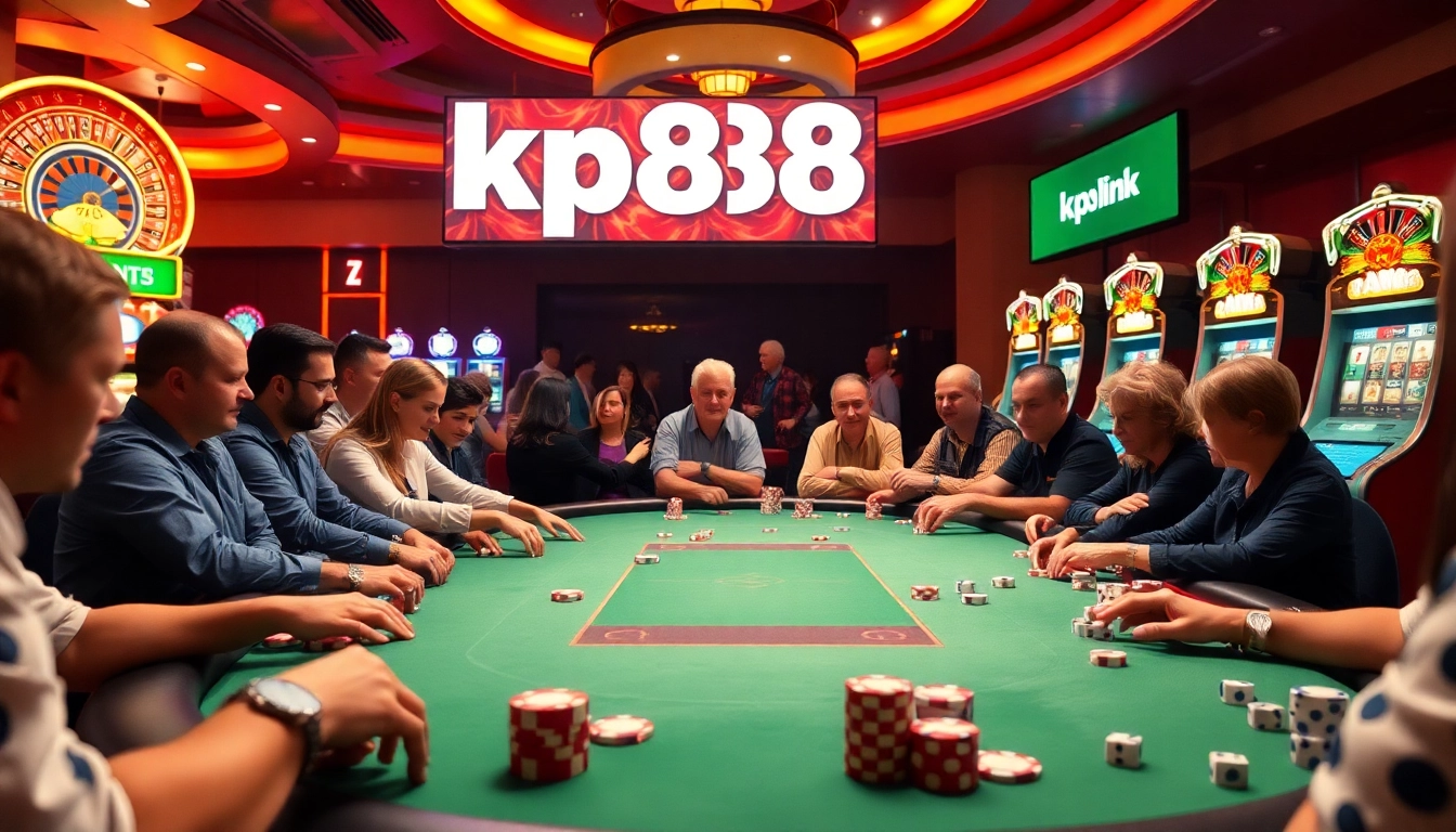 Players engaged in poker at a vibrant casino table showcasing kp88 link gaming options.