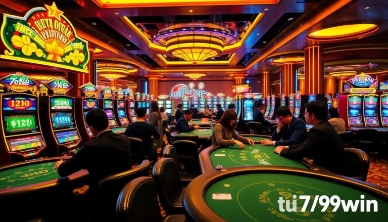 Experience thrilling gameplay at 789win, featuring poker chips and bright slot machines in a vibrant casino setting.