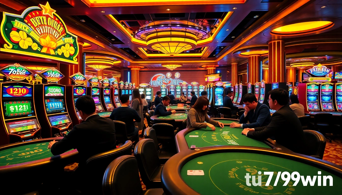 Experience thrilling gameplay at 789win, featuring poker chips and bright slot machines in a vibrant casino setting.
